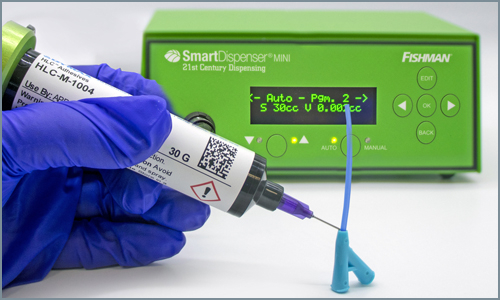 Dispensing Dymax HLC materials onto opaque substrates using a Fishman air-free SmartDispenser MINI dispenser.
