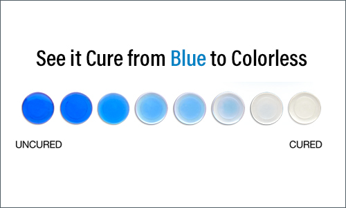 Dymax adhesive dots with See-Cure shown in a row that transition from blue to a colorless state to indicate full cure